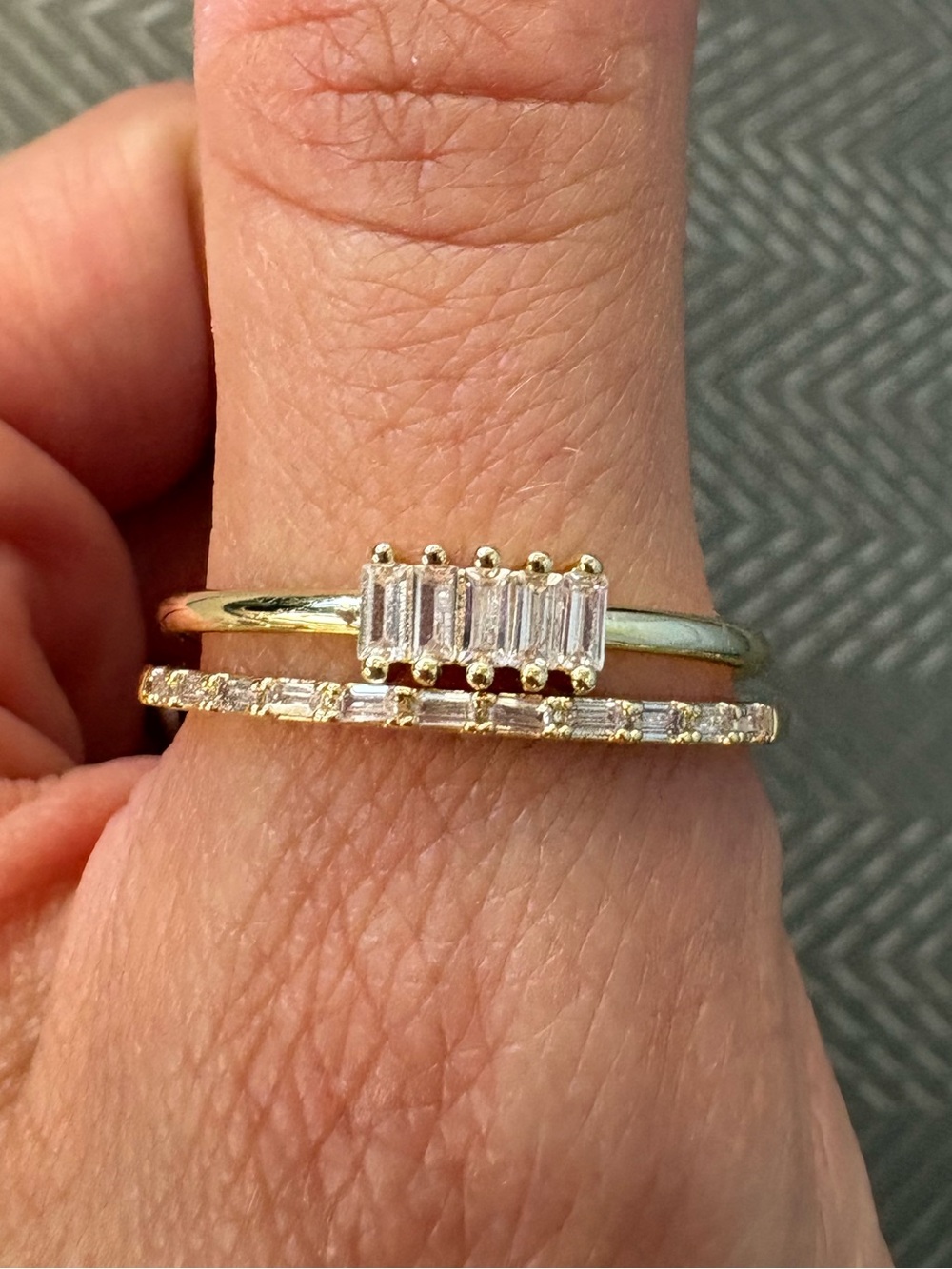 Dainty Gold-Toned Baguette and Pave Stackable Ring Set (size 10.5)